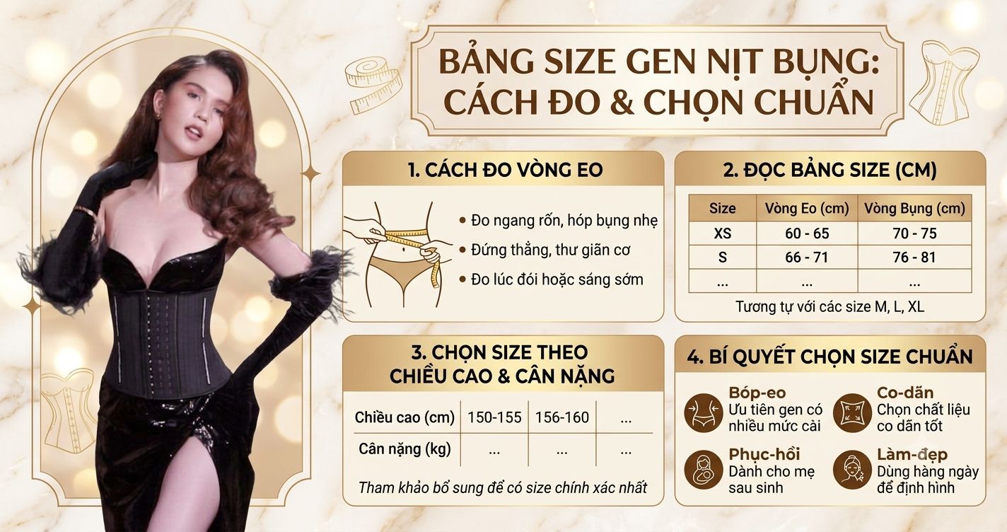 Bảng size gen nịt bụng Corset Chuẩn chi tiết từ XXXS đến XXL